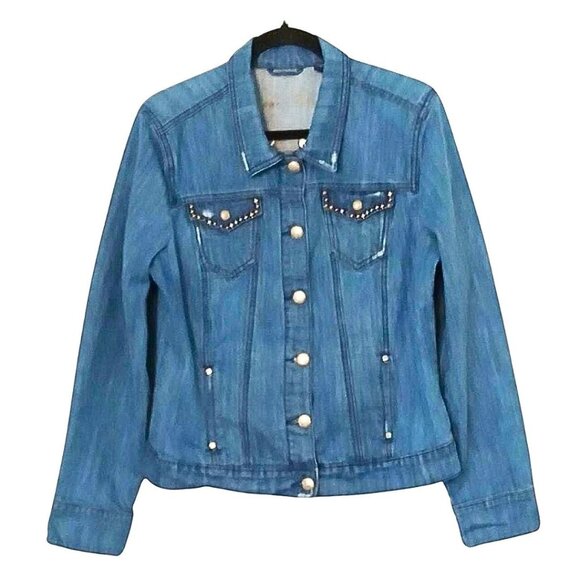 Style&Co Jackets & Blazers - Y2K Womens Jean Jacket Size L Rustic Western Distressed Beaded Trucker Blue